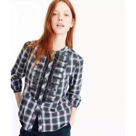 J. Crew Button Down M Women's Green Tartan Plaid Beaded Lace Trim Long Sleeve - Picture 1 of 9